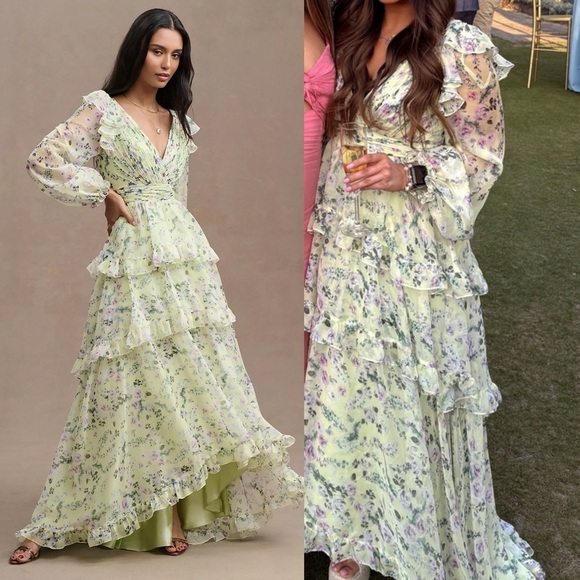MAC DUGGAL Green Floral Chiffon Tiered Ruffle Dress 6 - Picture 1 of 16